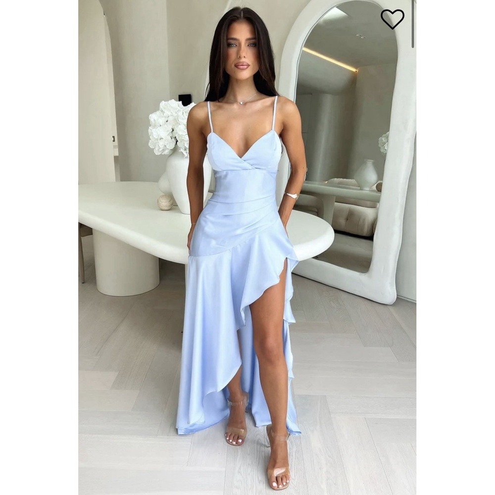 That's So Fetch 14 Romeo Maxi Dress Baby Blue Ruffle Slip Satin High Low Prom